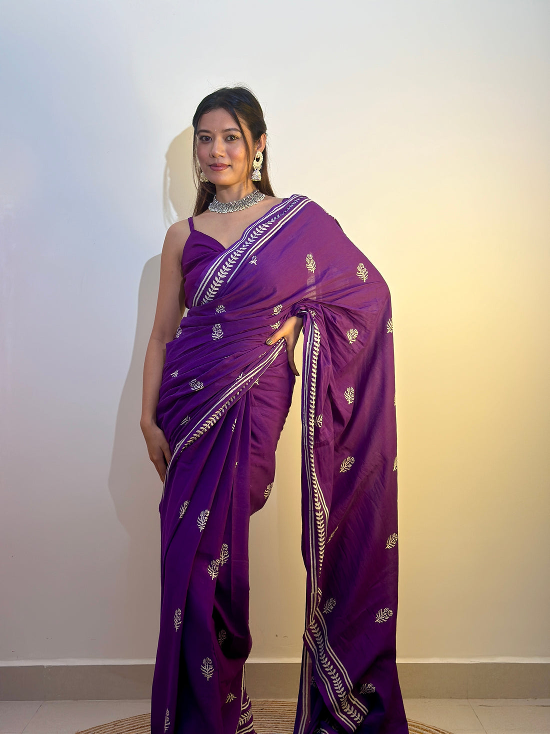 CLOVIRA Pure Soft Mul Cotton Silk Ready-to-Wear Saree with Pocket