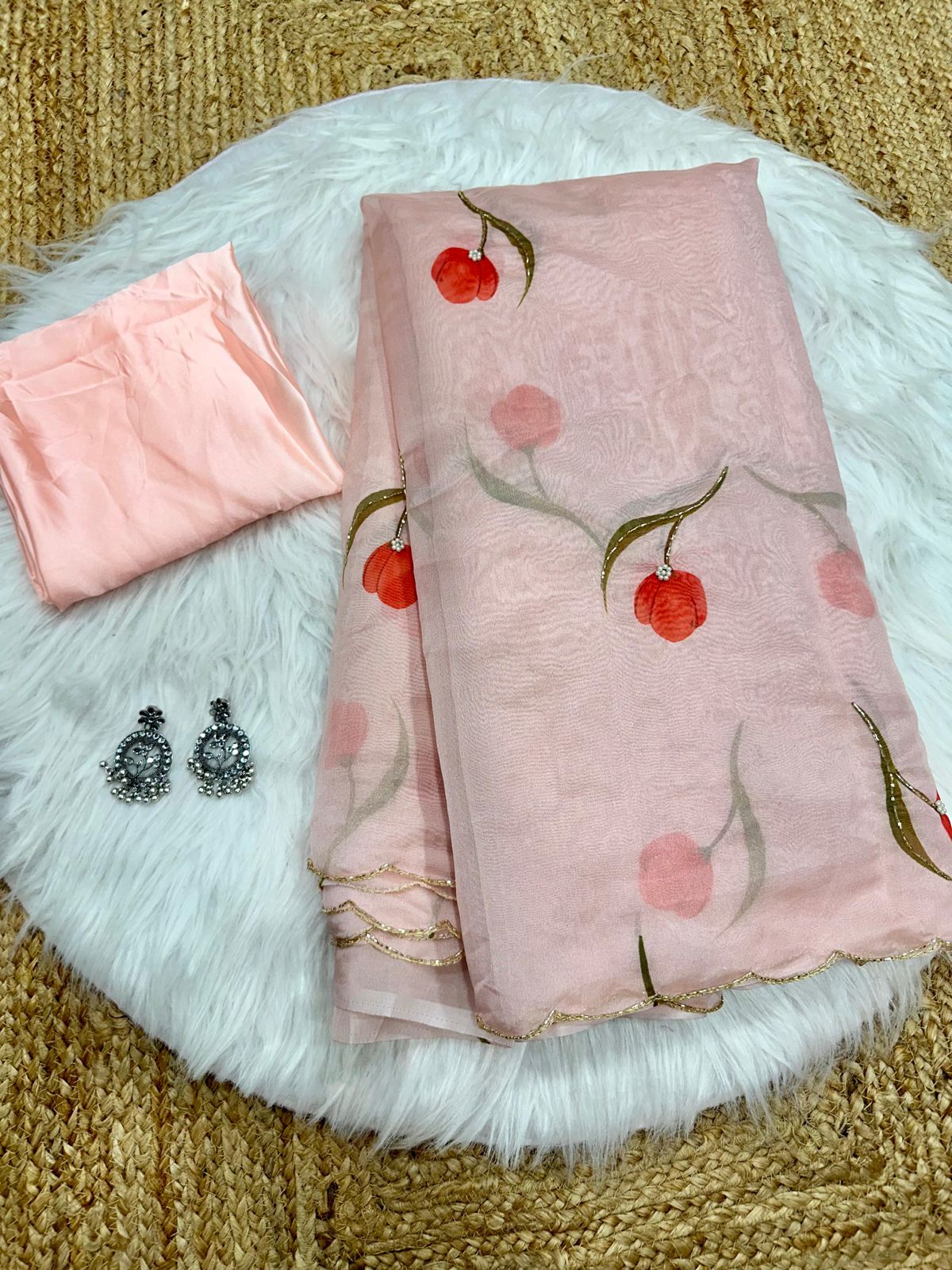 Exquisite 1-Minute Ready-To-Wear Peach Organza Silk Saree | Printed Design with Border Work & Blouse Piece