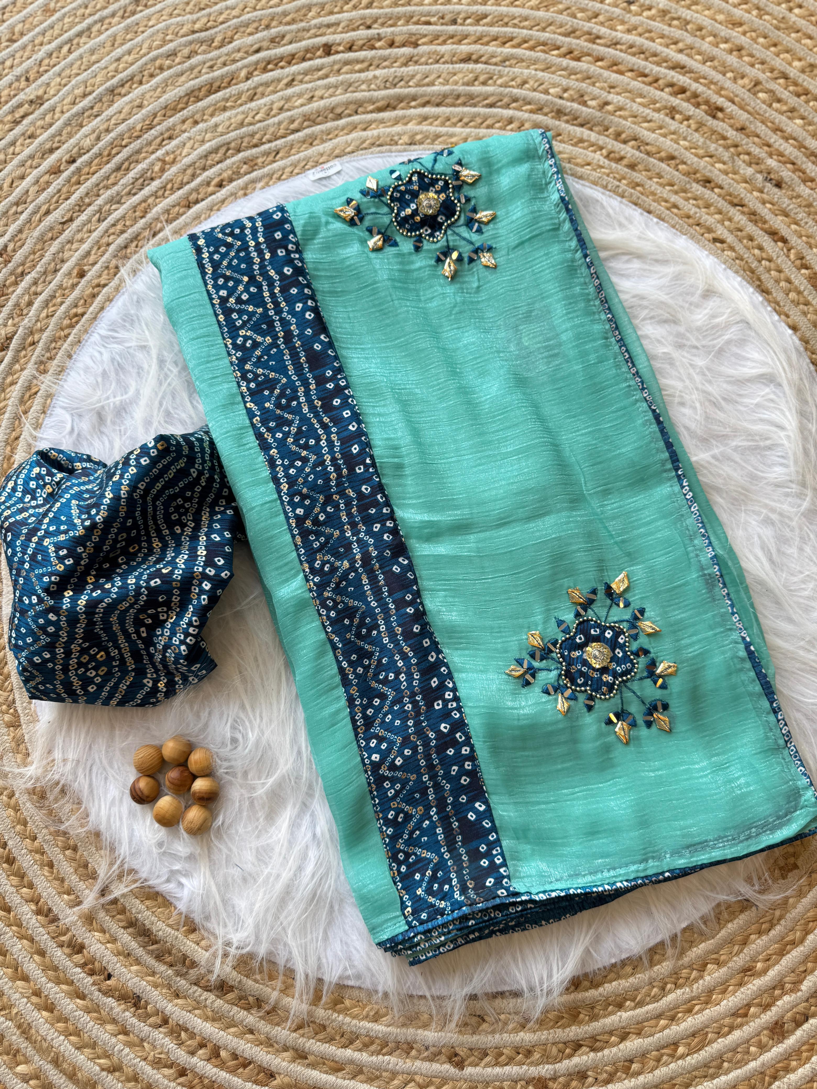 CLOVIRA Soft Crunchy Chiffon Saree with Mirror & Thread Embroidery