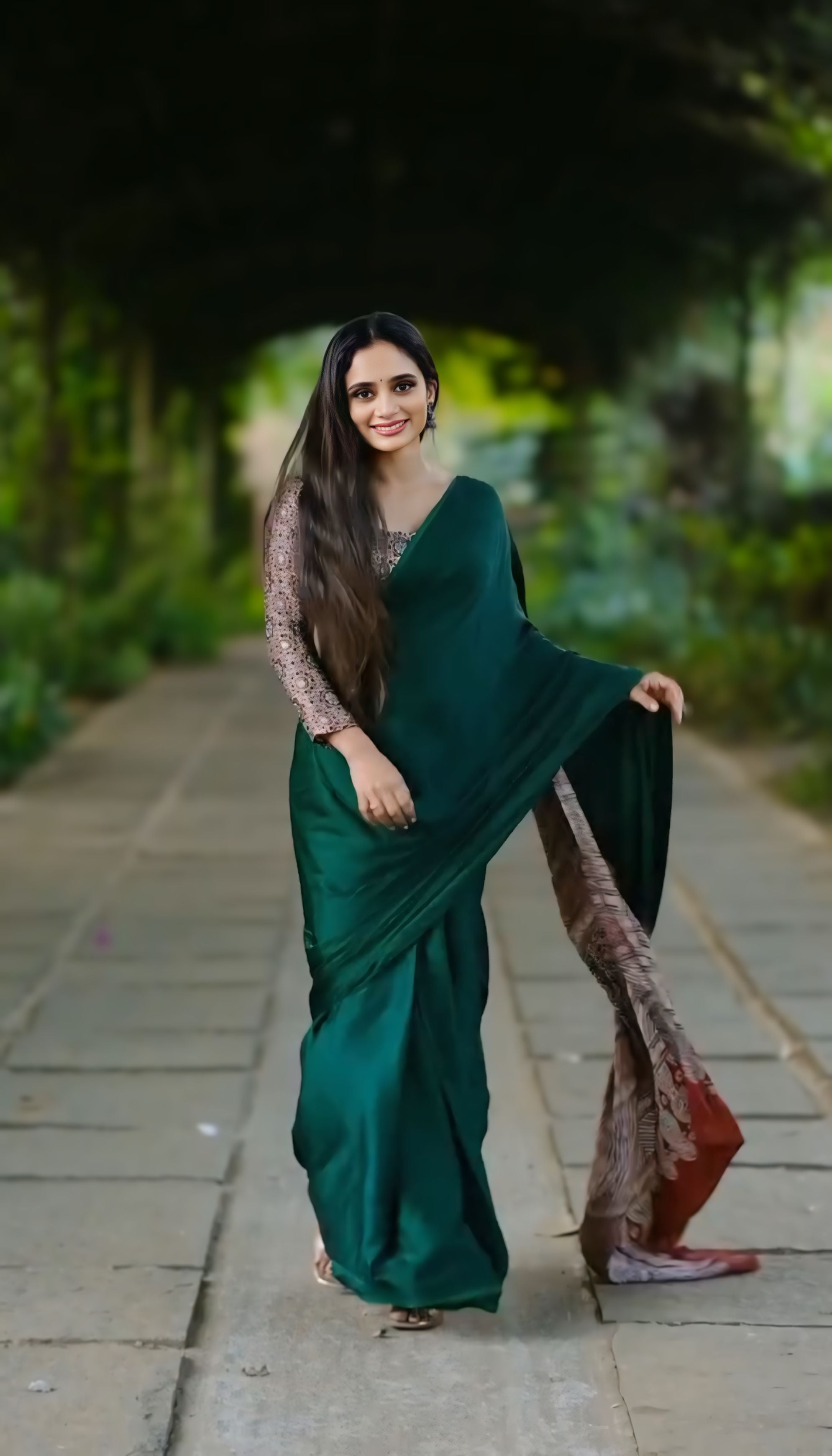 CLOVIRA Opal Green Pure Soft Crepe Silk Ready-to-Wear Saree
