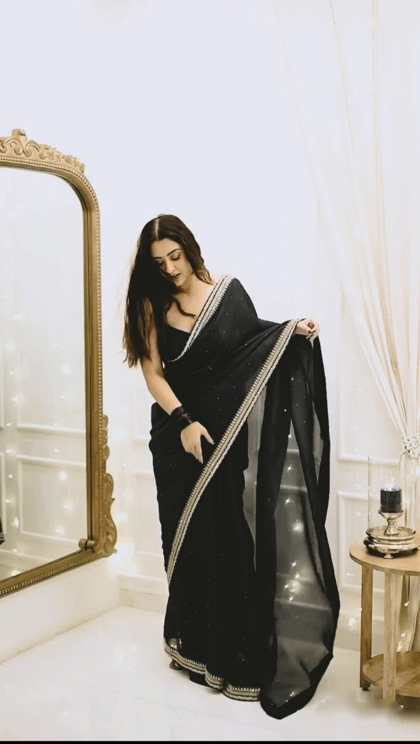 CLOVIRA 1-Minute Ready-to-Wear Organza Silk Saree with Satin Blouse | Embroidery & Siroski Designer Collection