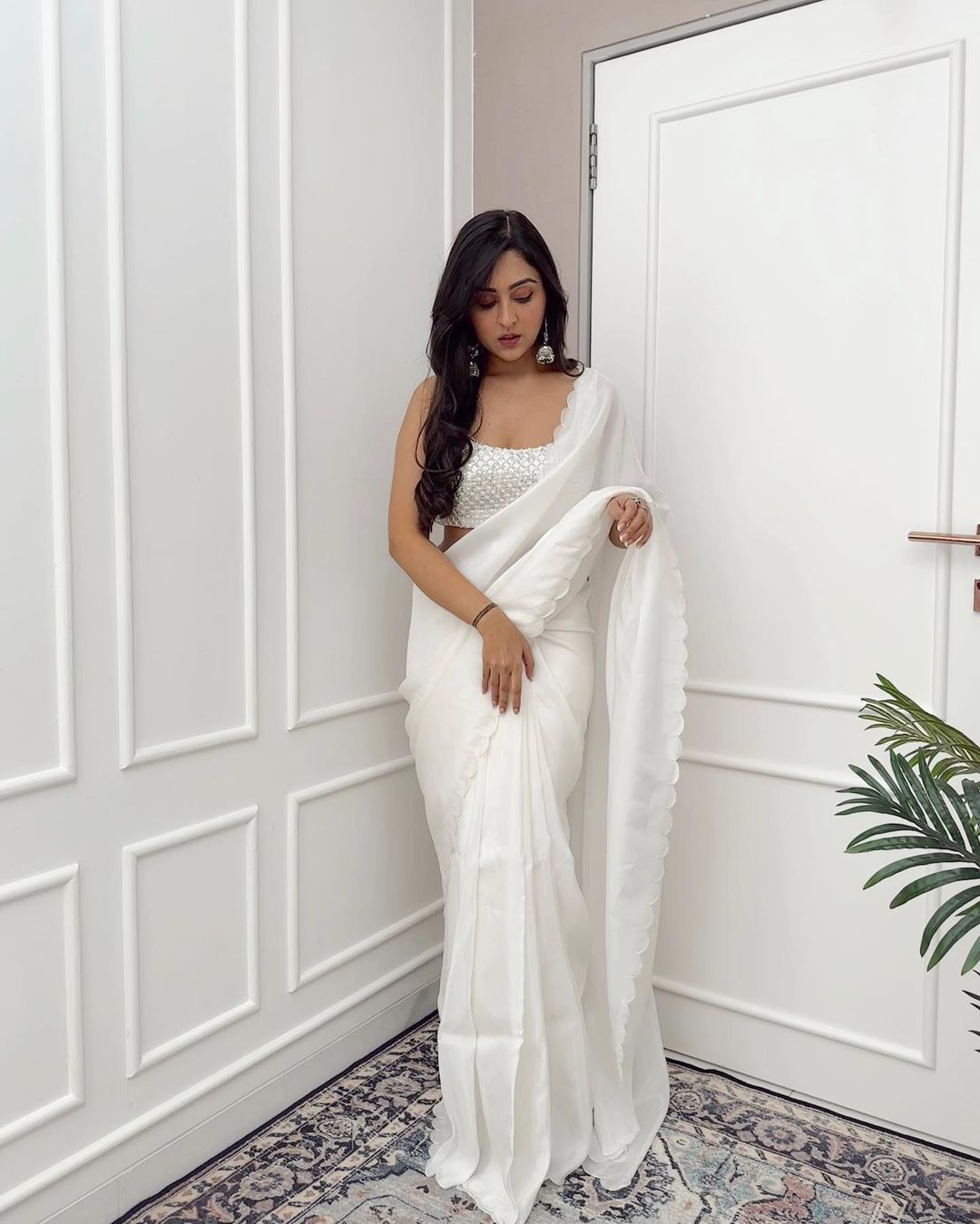 CLOVIRA White Rangoli Silk Ready-to-Wear Saree with Sequin Work Blouse | Effortless Luxury Collection
