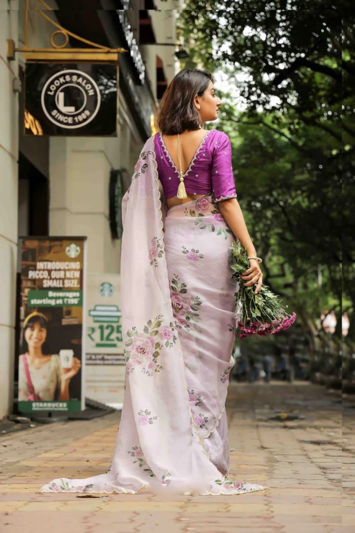 CLOVIRA Ready-to-Wear Tabby Organza Saree with Printed & Handwork Border | Luxurious Designer Collection