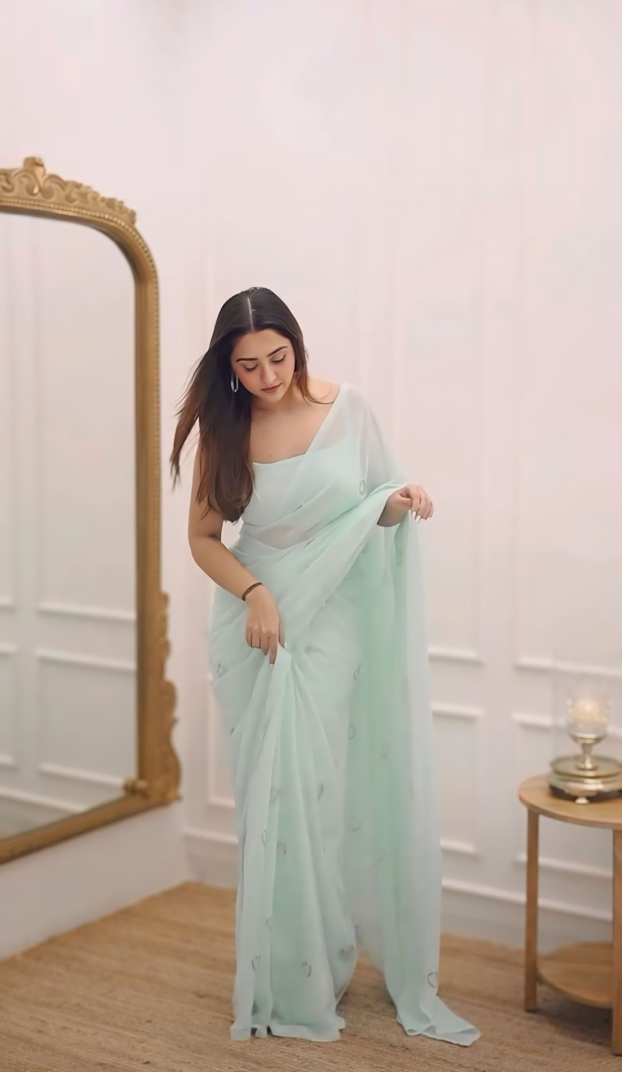 CLOVIRA Serene 1-Minute Ready-To-Wear Turquoise Georgette Saree | Elegant Handwork with Stitched Blouse