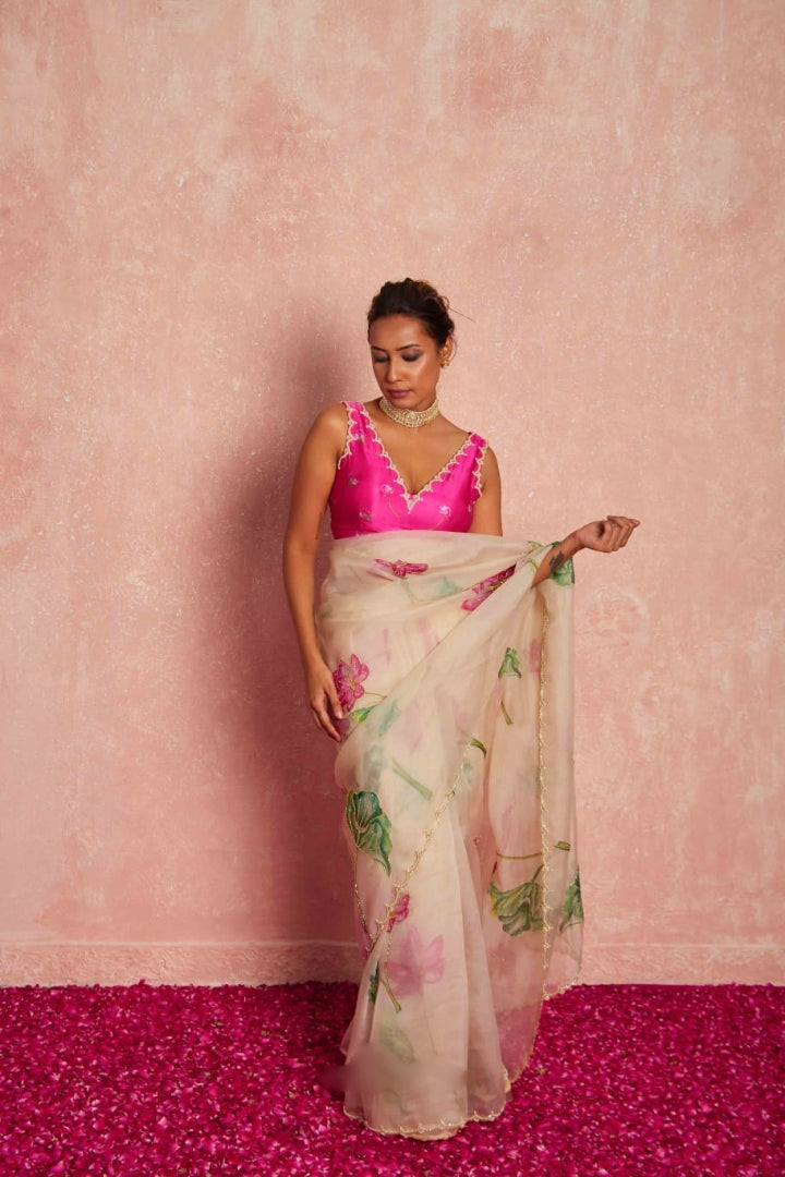 CLOVIRA 1-Minute Ready-to-Wear Tabby Organza  Saree with Printed & Handwork Border | Luxurious Designer Collection
