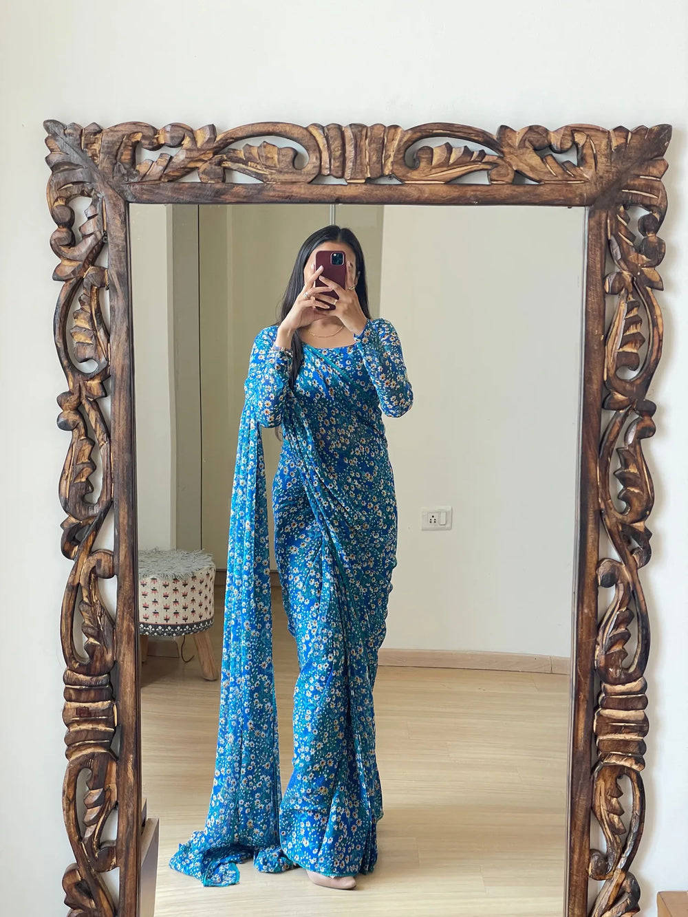 1-Minute Ready-To-Wear Blue Georgette Saree | Printed Design with Blouse Piece