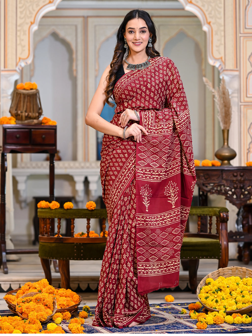 CLOVIRA Maroon Red Pure Soft Cotton Ready-to-Wear Saree