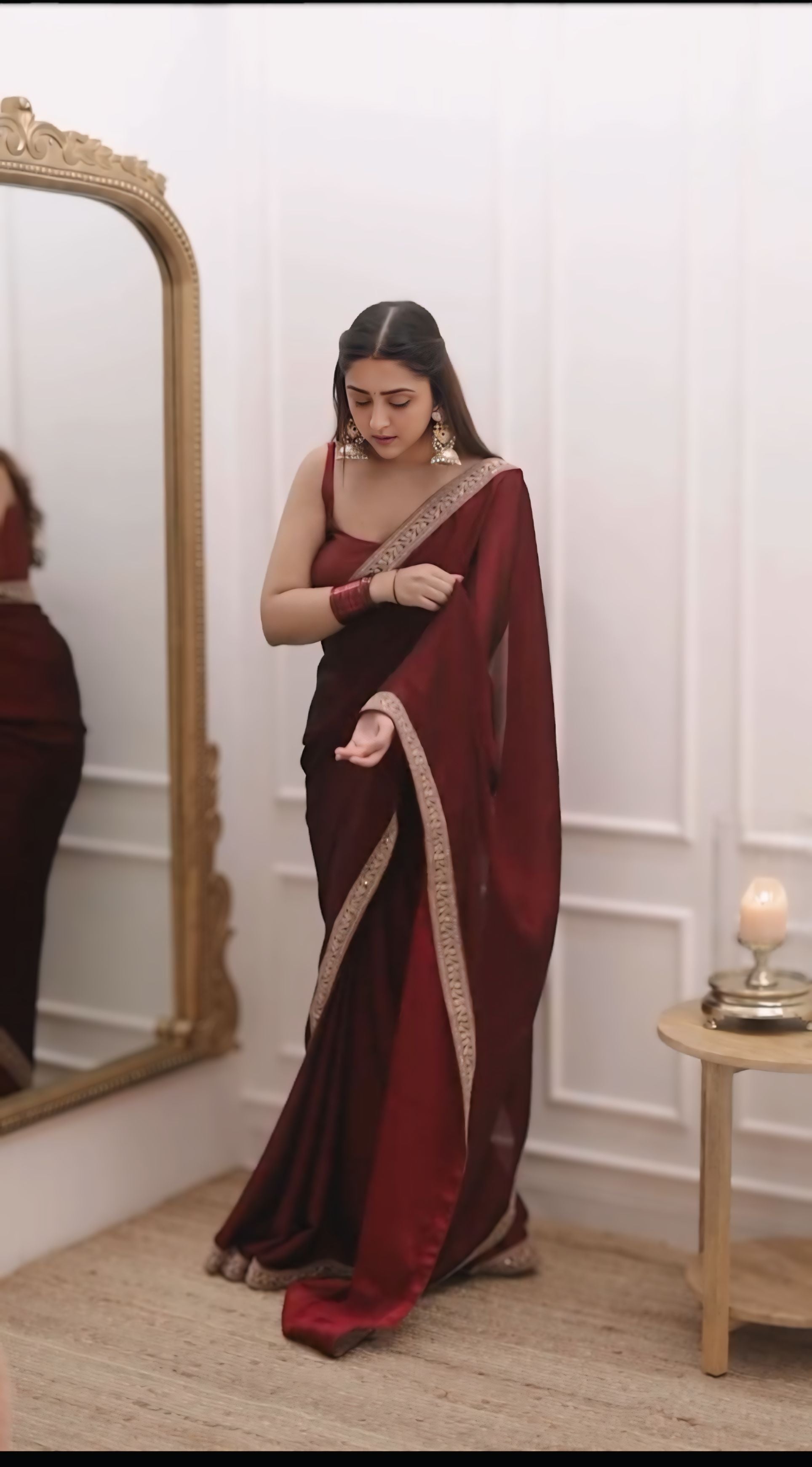 CLOVIRA Evocative 1-Minute Ready-To-Wear Maroon Rangoli Silk Saree | Embroidery Lace Border with Stitched Blouse