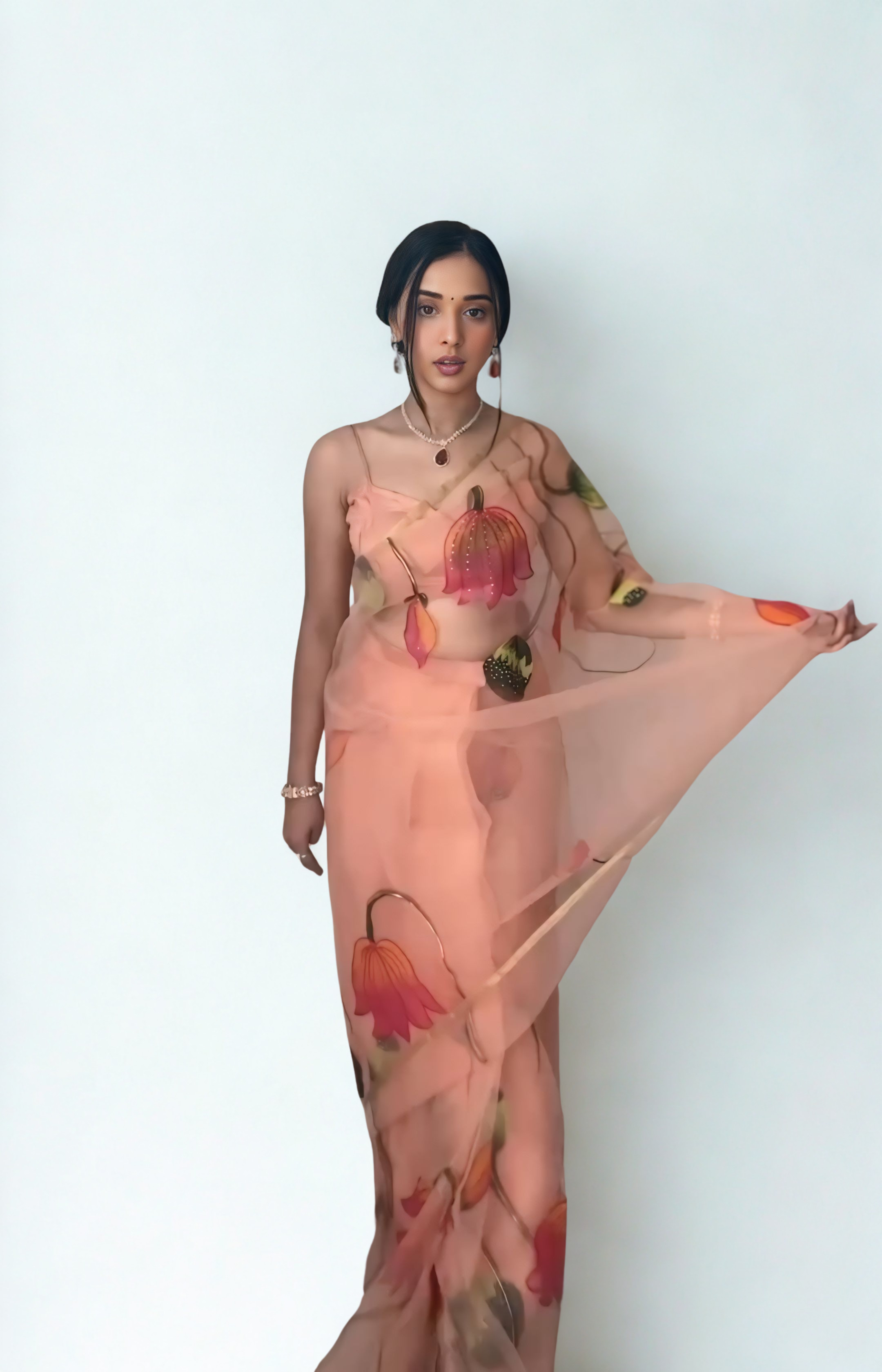 CLOVIRA Peach Pure Organza Ready-to-Wear Saree