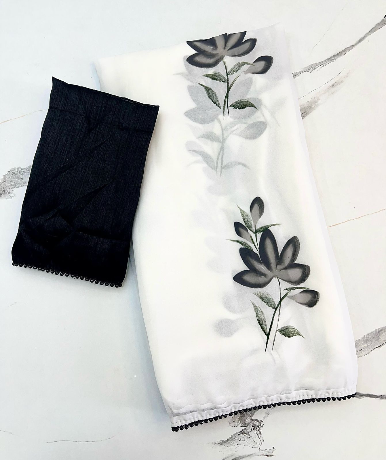 Georgette Floral Saree with Black Pearl Lace & Contrast Art Silk Blouse