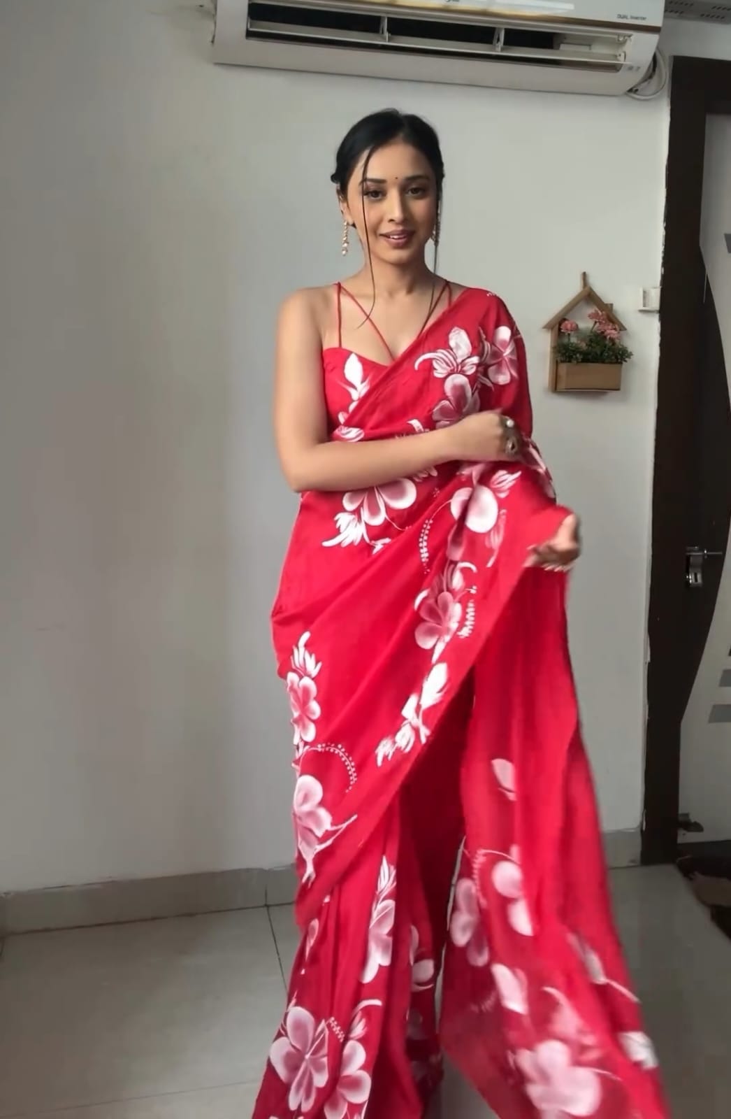 1-Minute Ready-To-Wear Red Georgette Saree | Printed Design with Blouse Piece