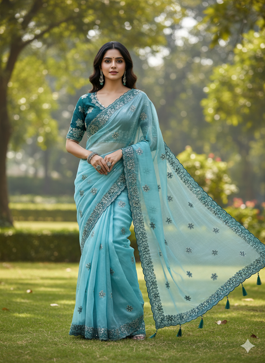 Traditional Soft Silk Saree | Multi Colour Embroidery, Zari Butta & Stone Work with Stitched Blouse