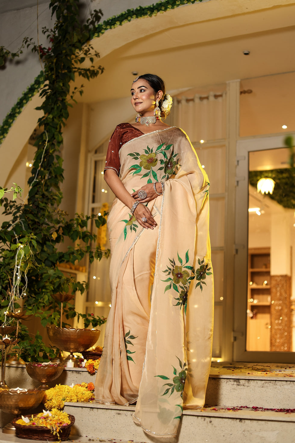CLOVIRA Graceful Ready-To-Wear Peach Georgette Silk Saree | Embroidery & Handwork Border with Stitched Blouse