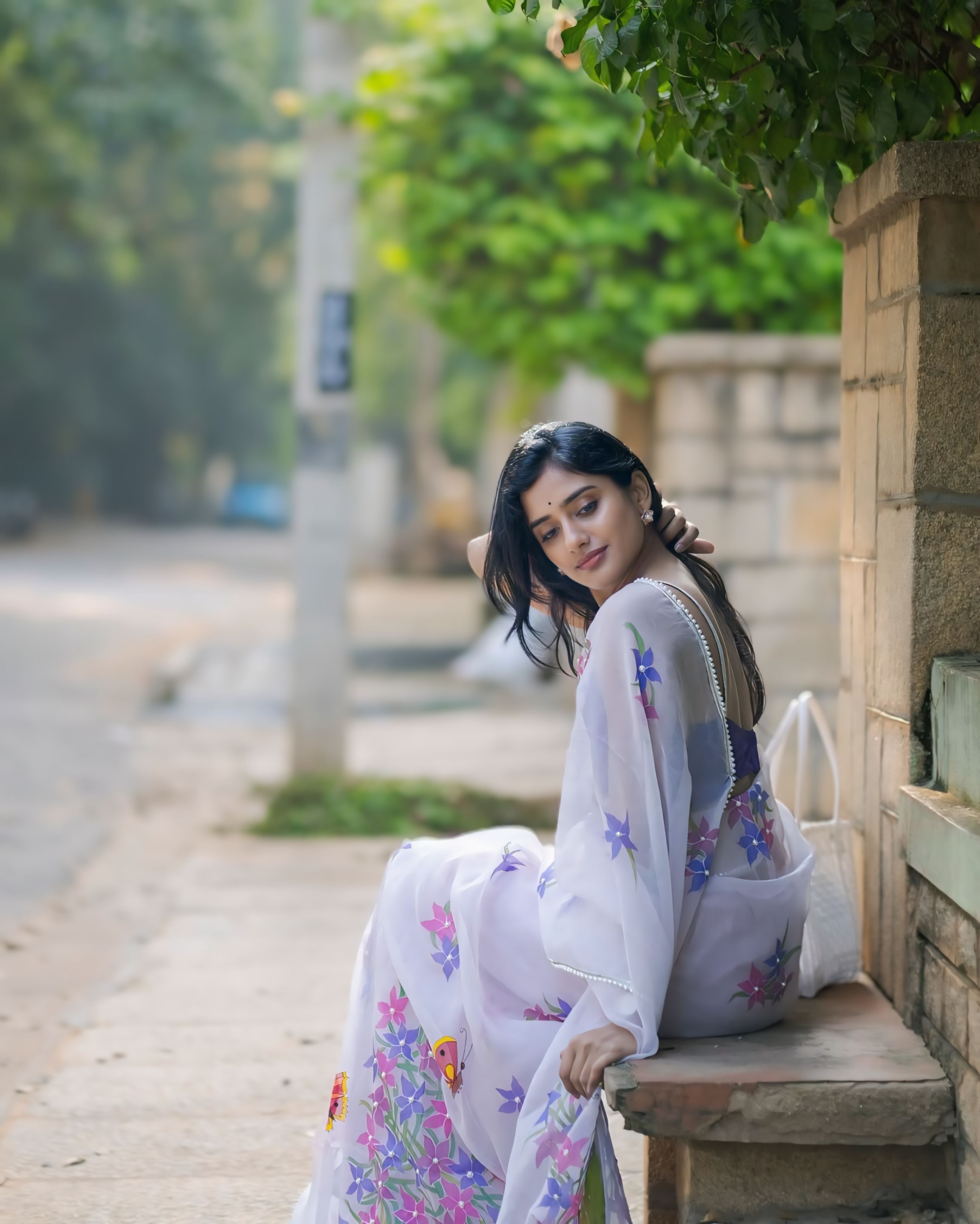 Chic 1-Minute Ready-To-Wear Off-White Organza Silk Saree | Printed + Handwork Lace Border with Banglori Silk Blouse Piece