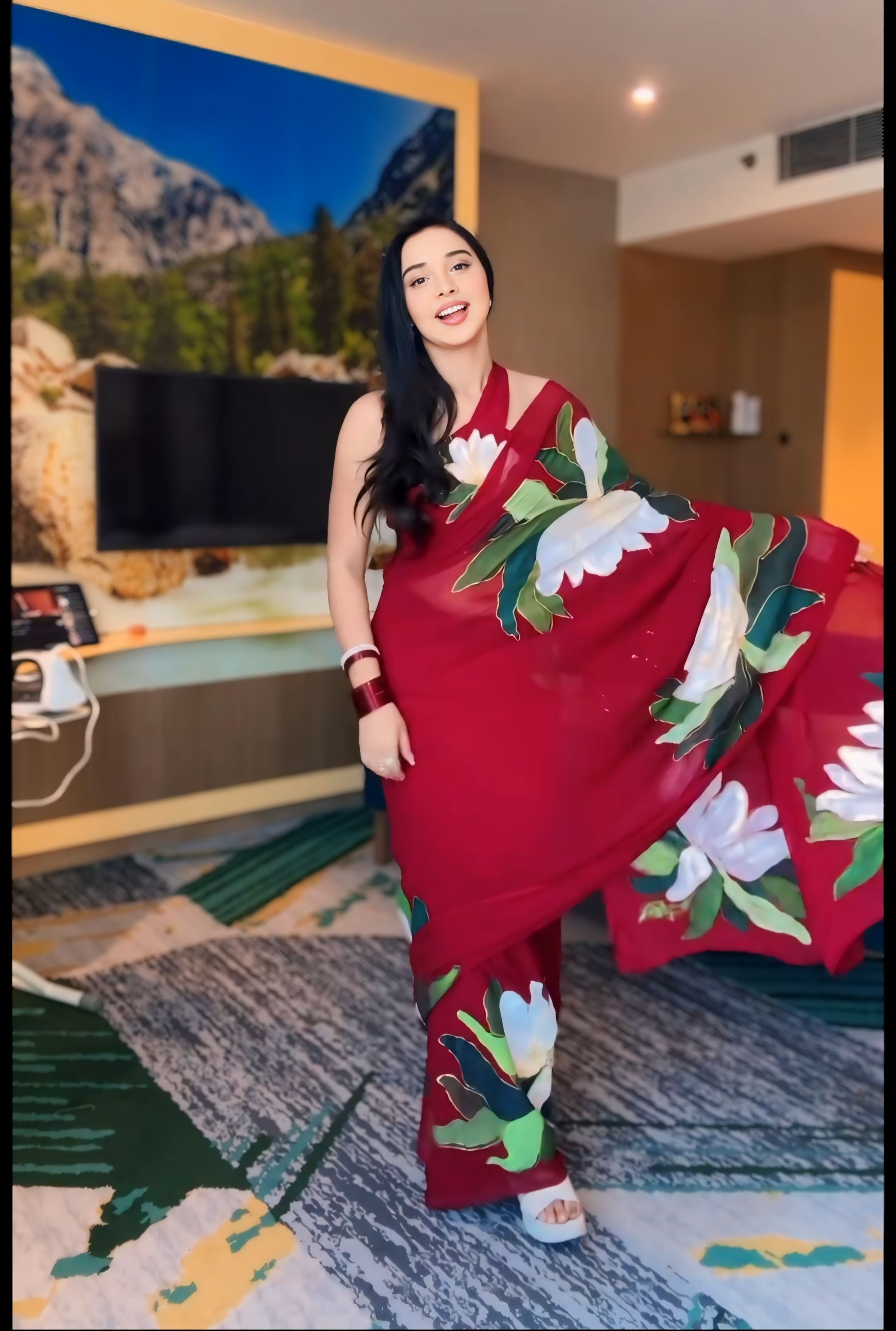 1-Minute Ready-To-Wear Red Georgette Saree | Printed Design with Blouse Piece