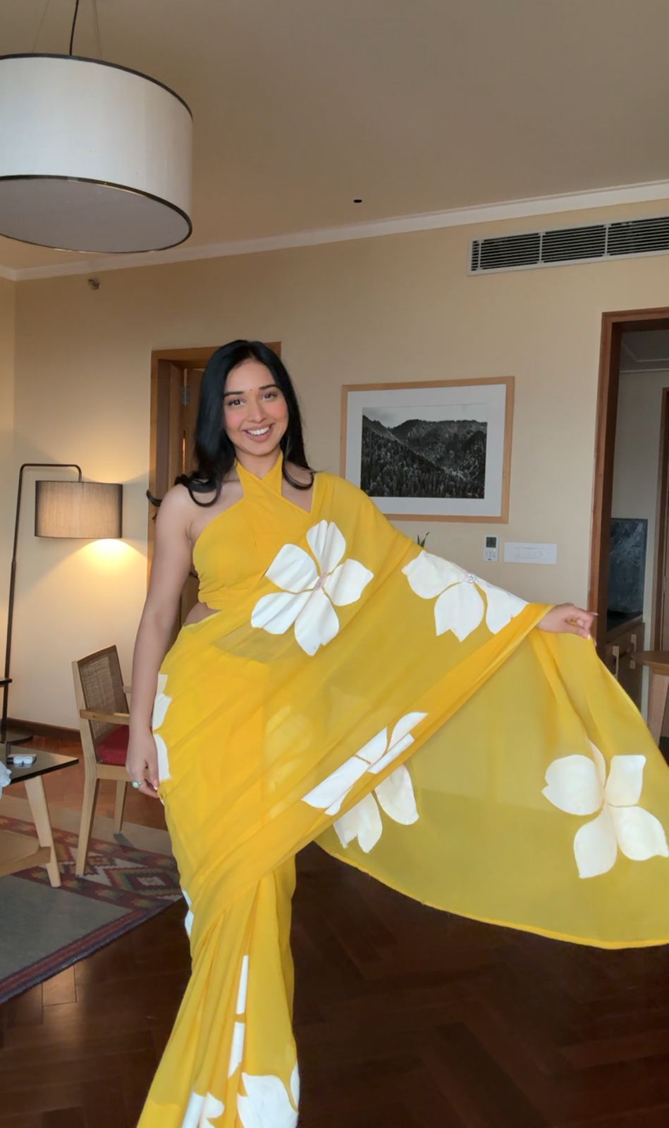 1-Minute Ready-To-Wear Yellow Georgette Saree | Printed Design with Blouse Piece