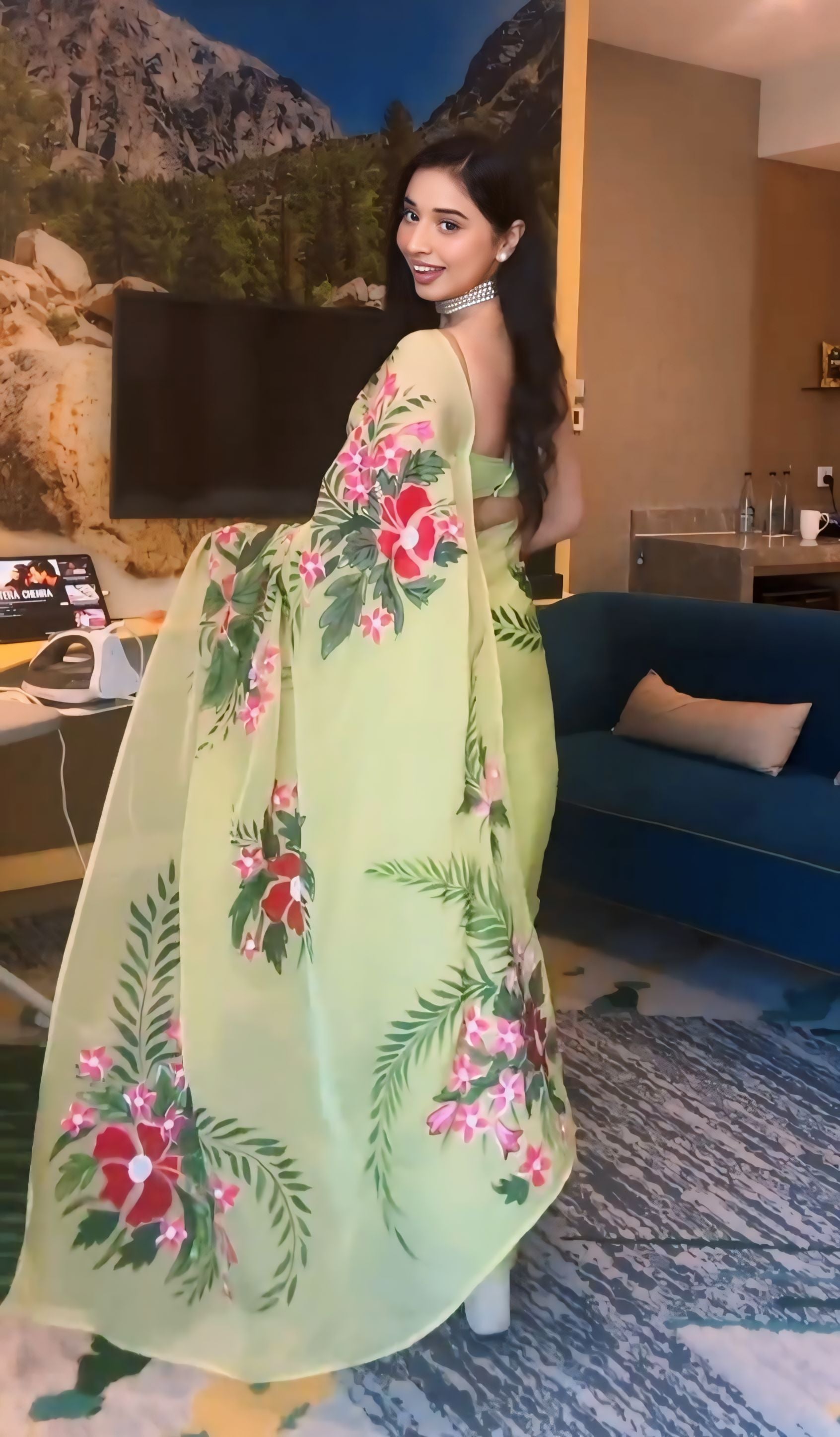 1-Minute Ready-To-Wear Pista Georgette Saree | Printed Design with Blouse Piece