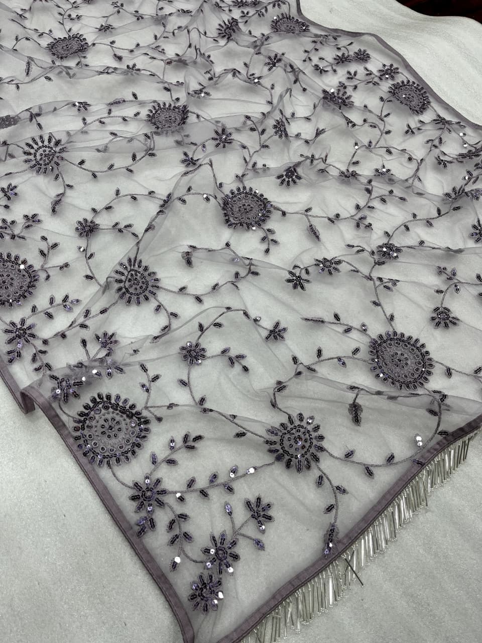 CLOVIRA Heavy Mono Net Saree with 5MM Multy & Sequins Embroidery Work