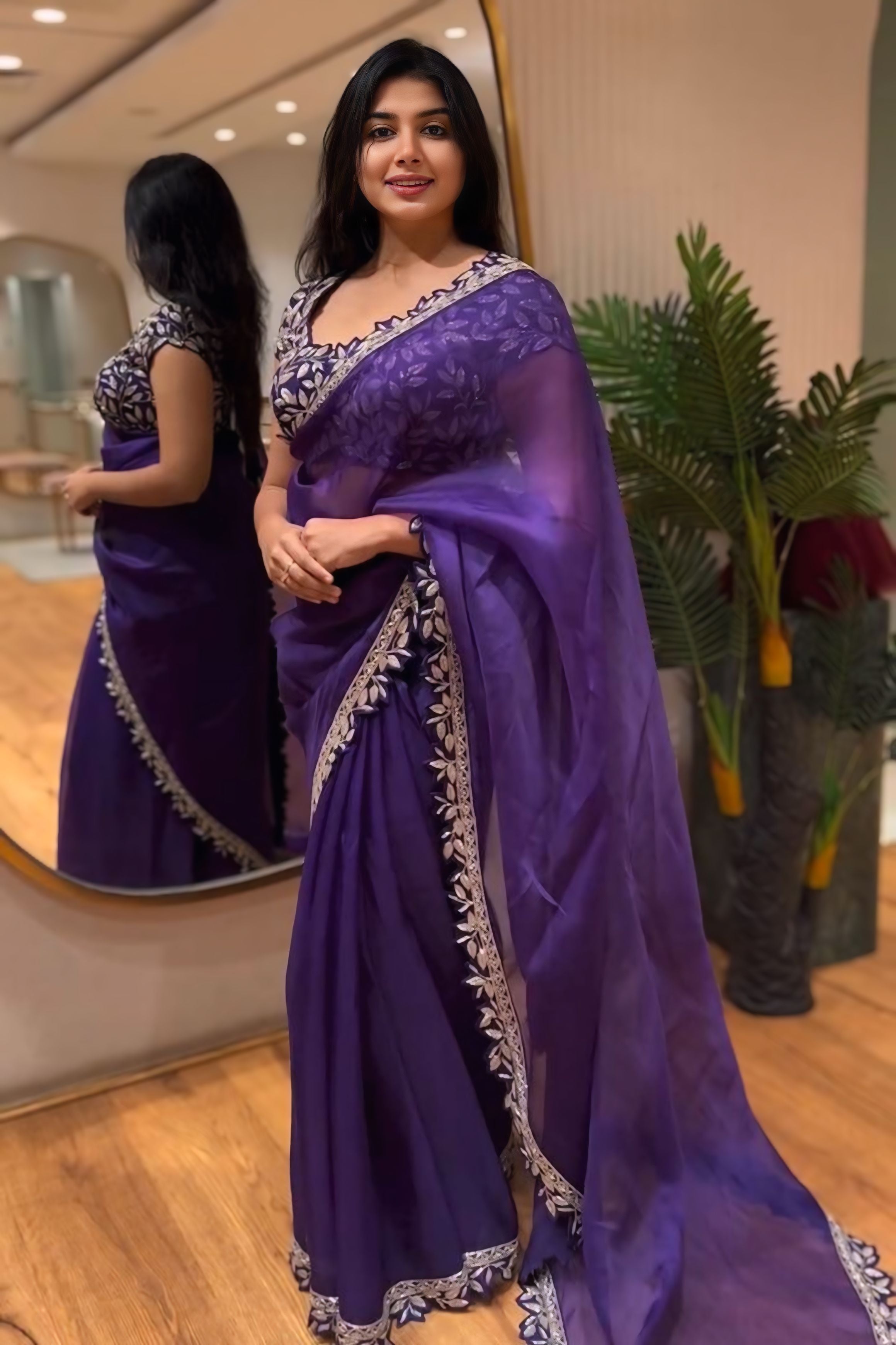 Embrace the Violet Vibes wrapped in Sheer Elegance and detailed with Cutwork Charm