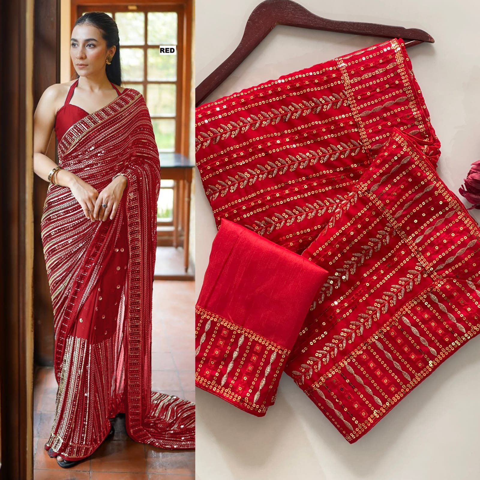 CLOVIRA Heavy Faux Georgette Saree with Sequins & Embroidery Work