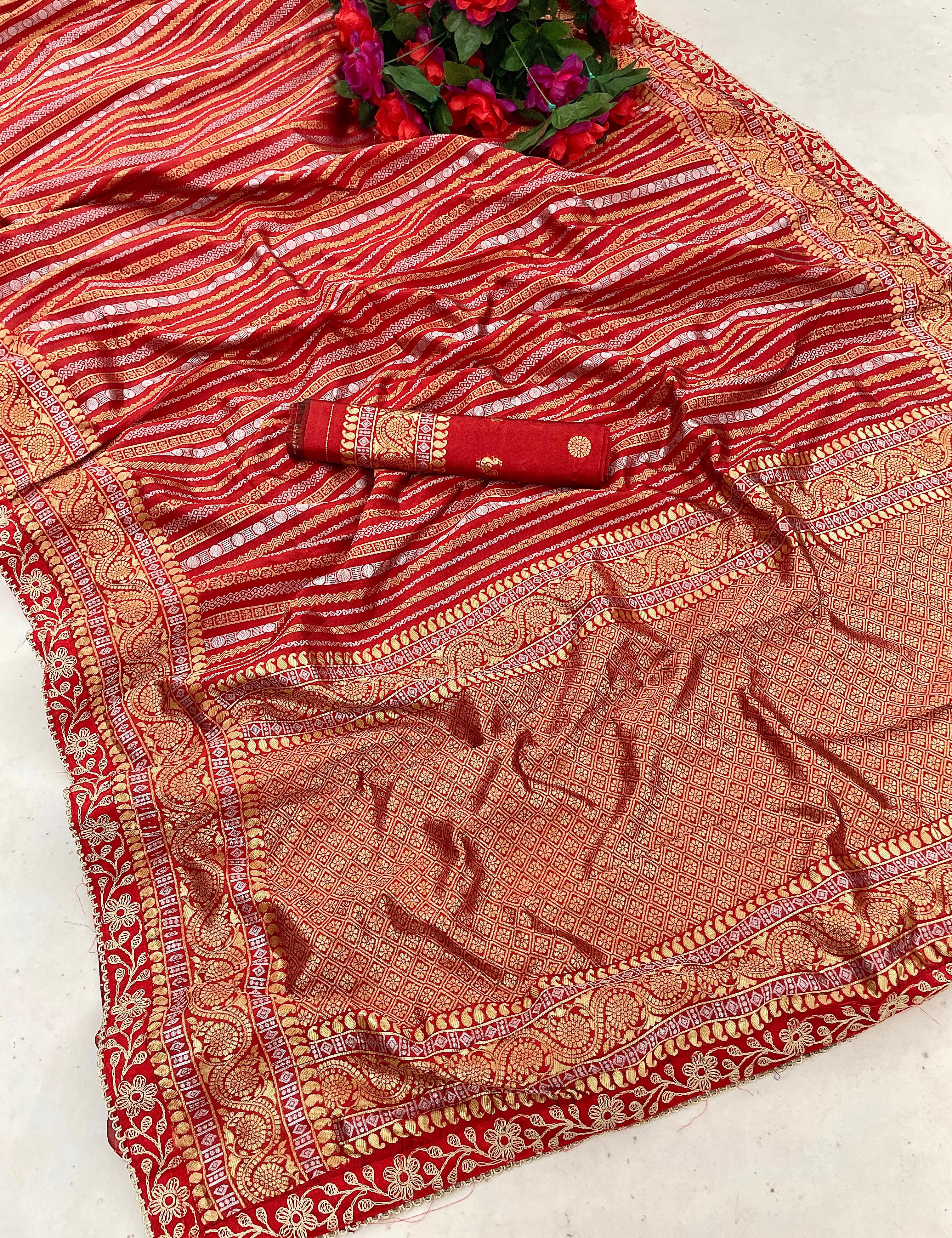 CLOVIRA Red Soft Silk Jacquard Saree