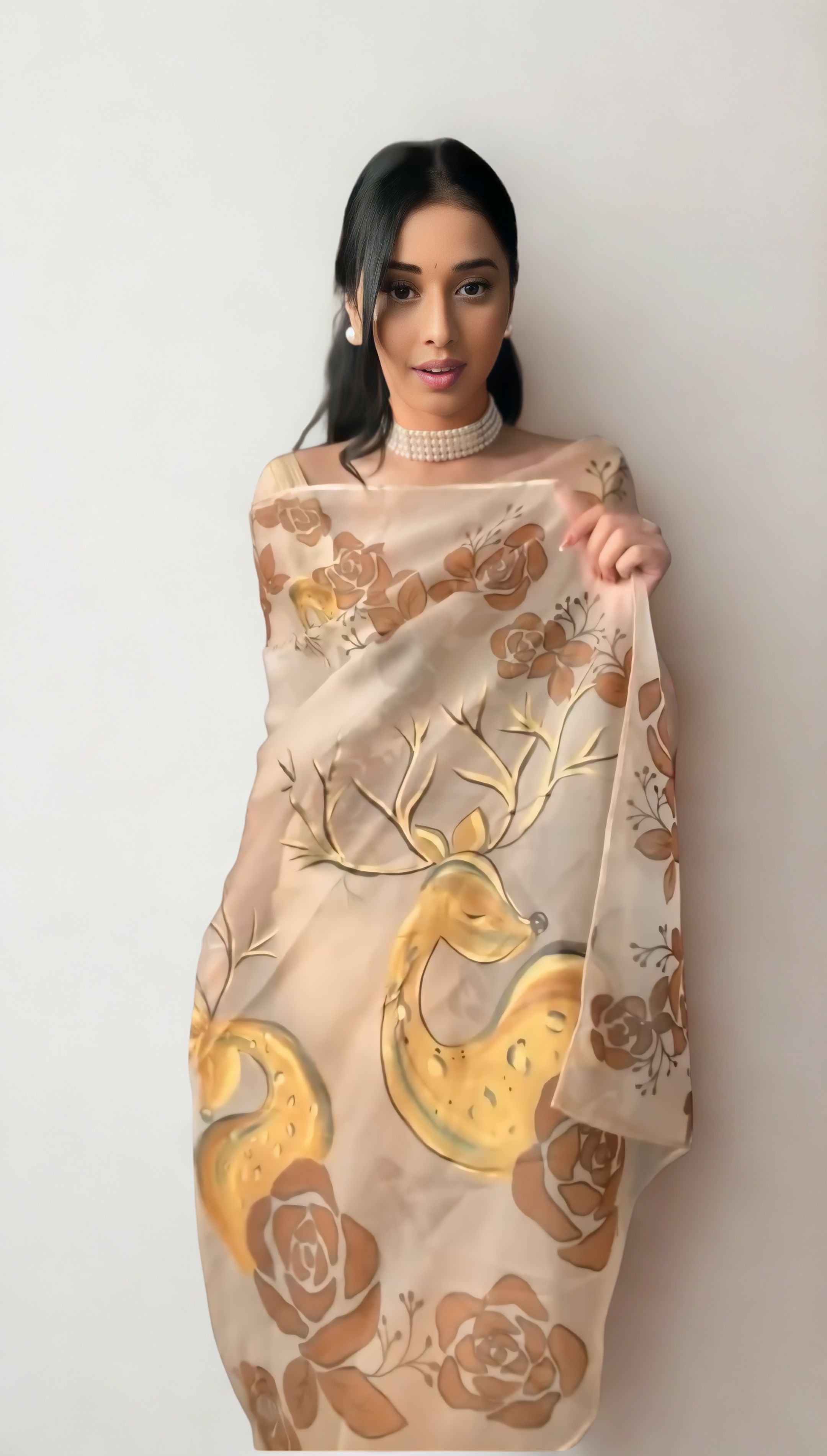 CLOVIRA Beige Pure Organza Ready-to-Wear Saree