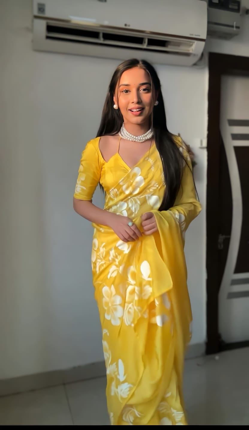 1-Minute Ready-To-Wear Yellow Georgette Saree | Printed Design with Blouse Piece
