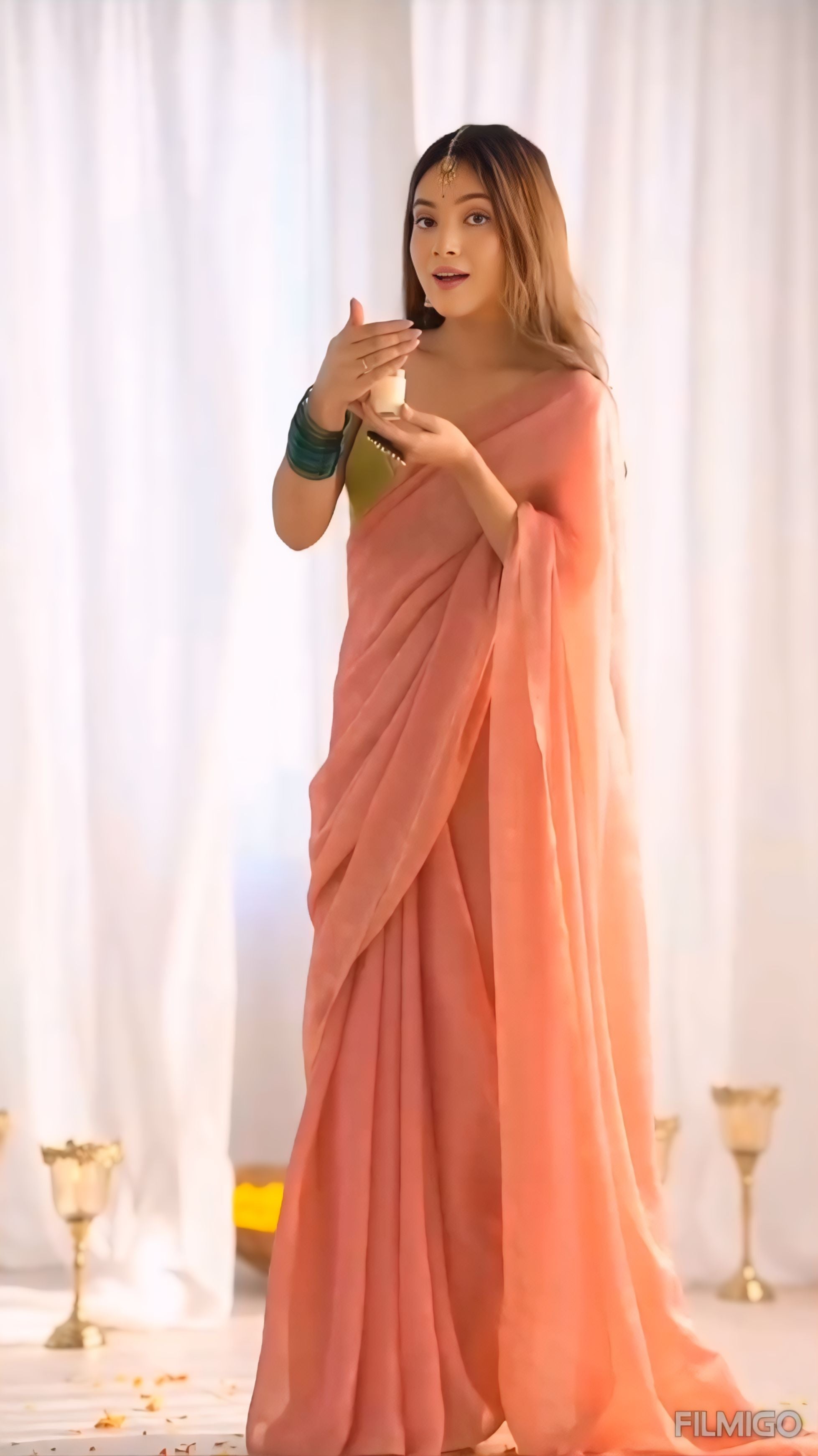 CLOVIRA Radiant Peach Fancy Silk Saree with Stitched Blouse | Elegant Designer Party Wear Collection