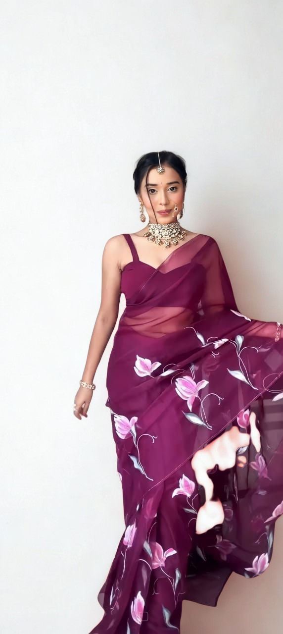 CLOVIRA Purple Pure Organza Ready-to-Wear Saree