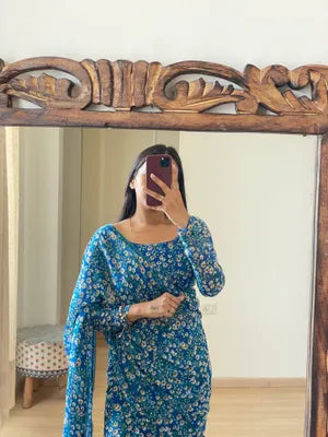 1-Minute Ready-To-Wear Blue Georgette Saree | Printed Design with Blouse Piece