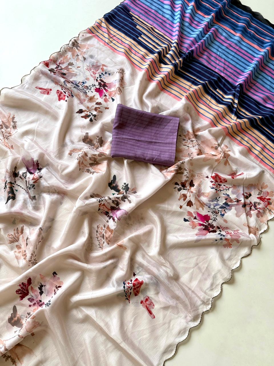 Soft Chinon Saree with Floral Print & Contrast Arco Cutwork Border