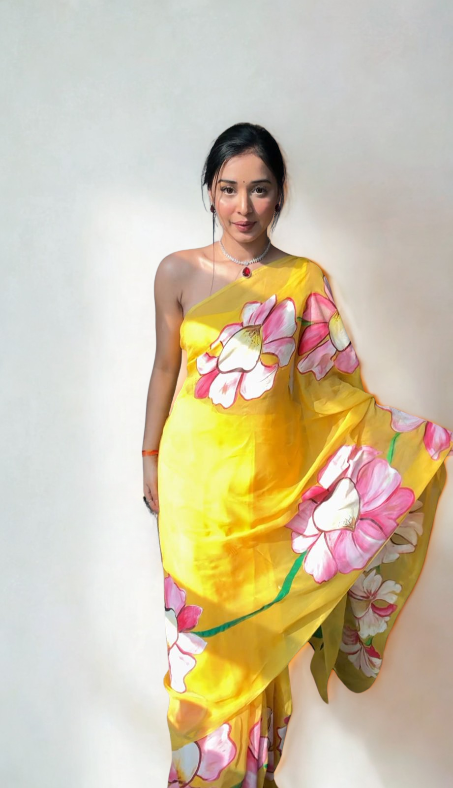 CLOVIRA Yellow Pure Organza Ready-to-Wear Saree