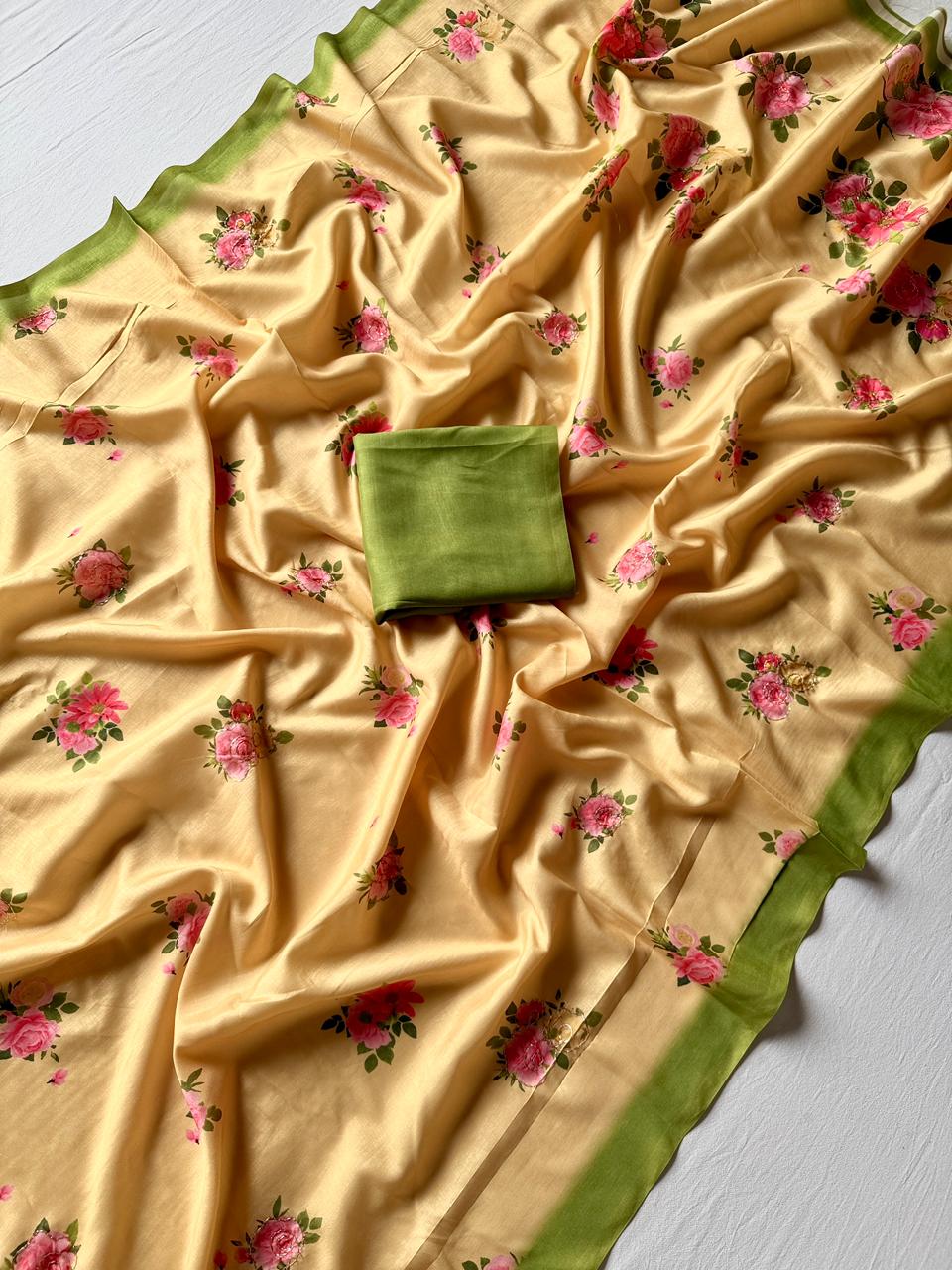 Soft Tusser Silk Saree with 3D Floral Digital Print & Aari Work