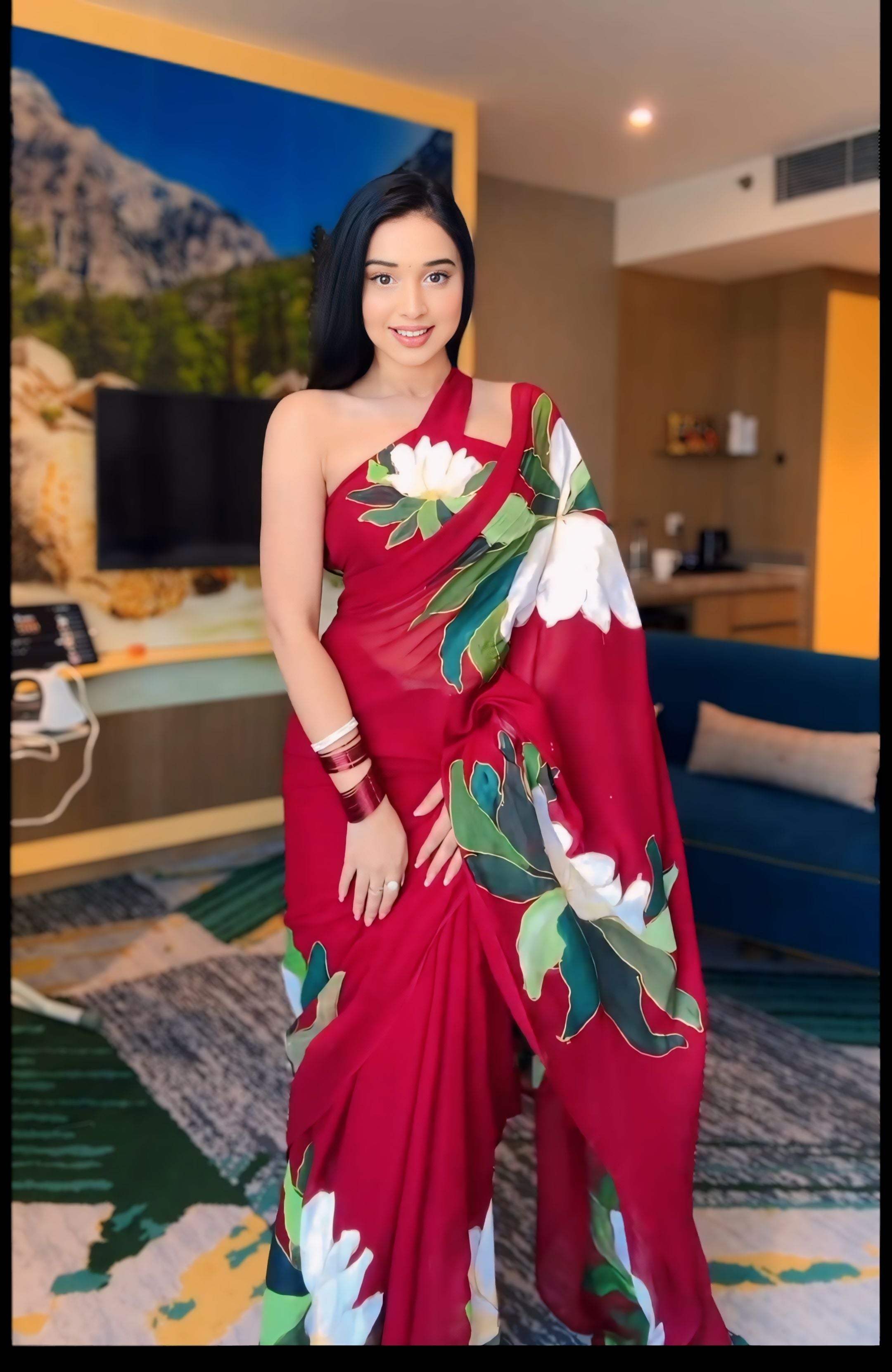 1-Minute Ready-To-Wear Red Georgette Saree | Printed Design with Blouse Piece