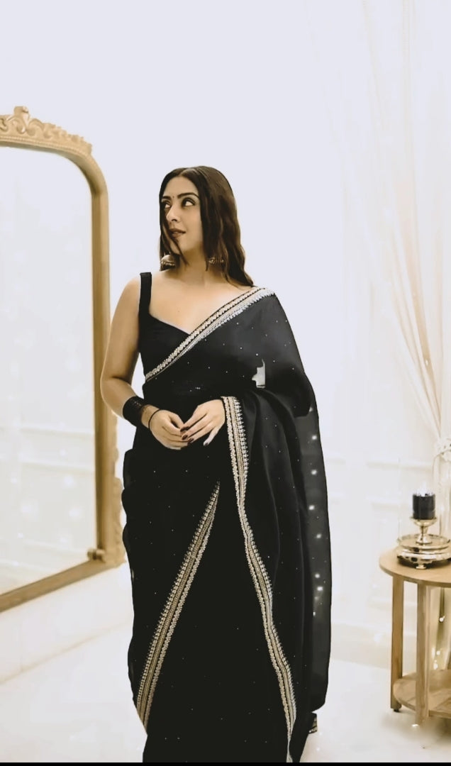 CLOVIRA 1-Minute Ready-to-Wear Organza Silk Saree with Satin Blouse | Embroidery & Siroski Designer Collection