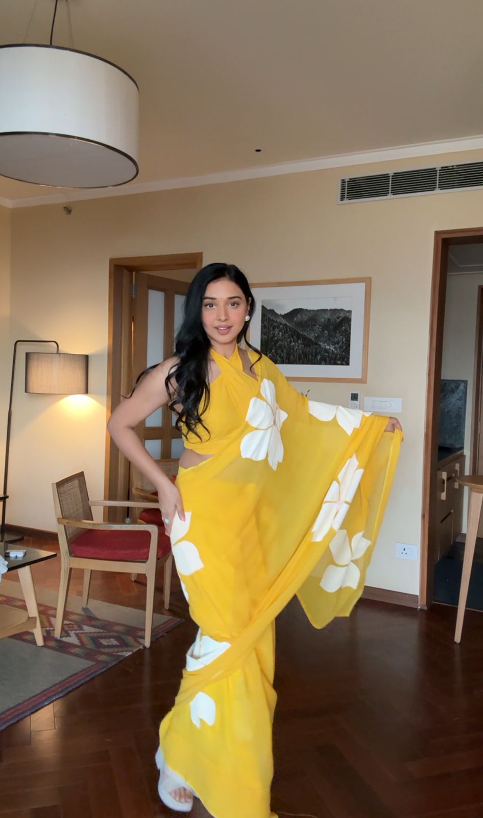 1-Minute Ready-To-Wear Yellow Georgette Saree | Printed Design with Blouse Piece