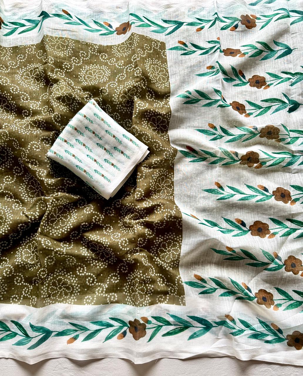 Soft Linen Saree with 3D Bandhej Digital Print & Running Blouse