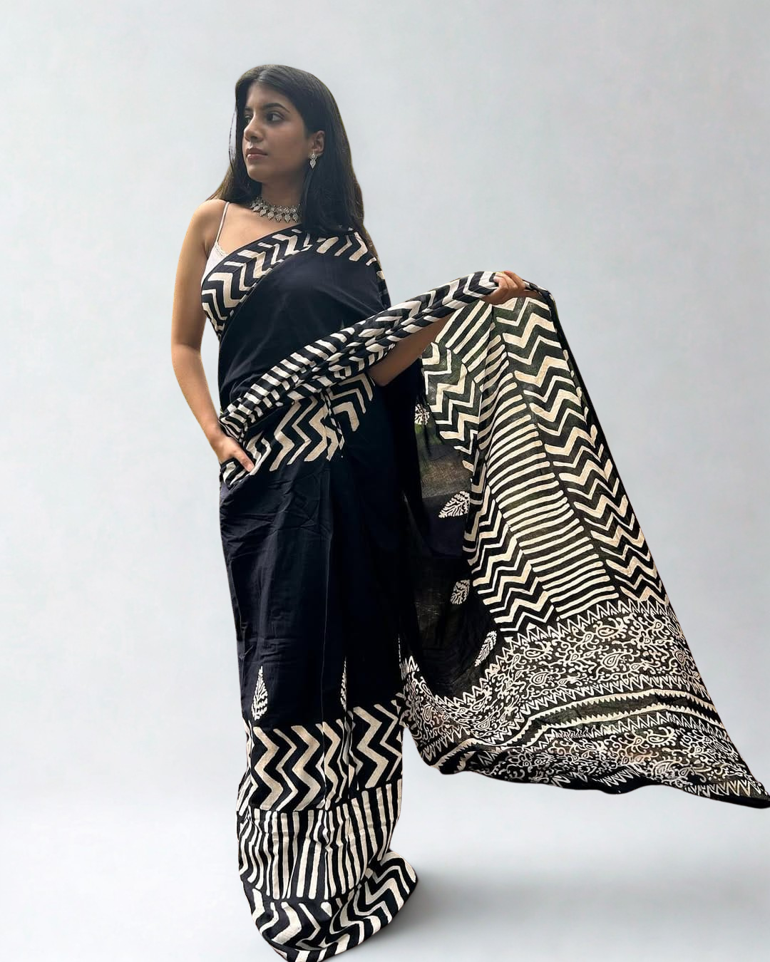 CLOVIRA Pure Soft Mul Cotton Silk Ready-to-Wear Saree with Pocket