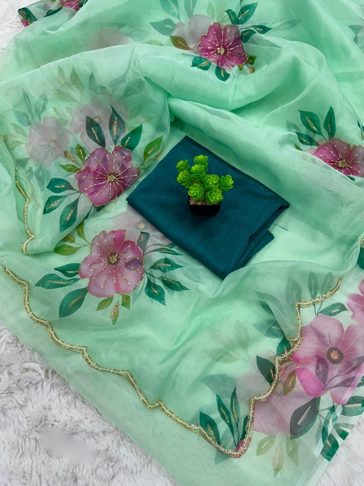 Exquisite 1-Minute Ready-To-Wear Organza Silk Saree | Printed Design with Border Work & Blouse Piece