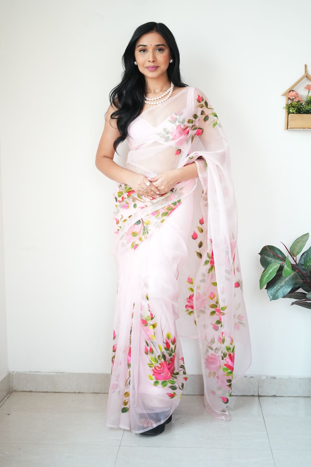 CLOVIRA Baby Pink Pure Organza Ready-to-Wear Saree