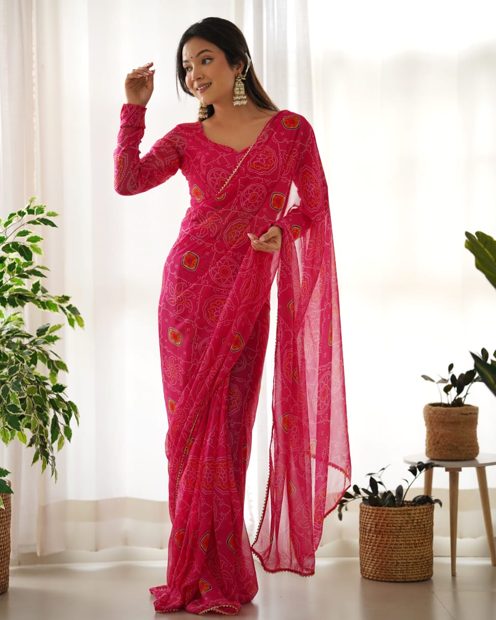 Invaluable 1-Minute Ready-To-Wear Dark Pink Georgette Saree | Digital Print Saree with Blouse Piece