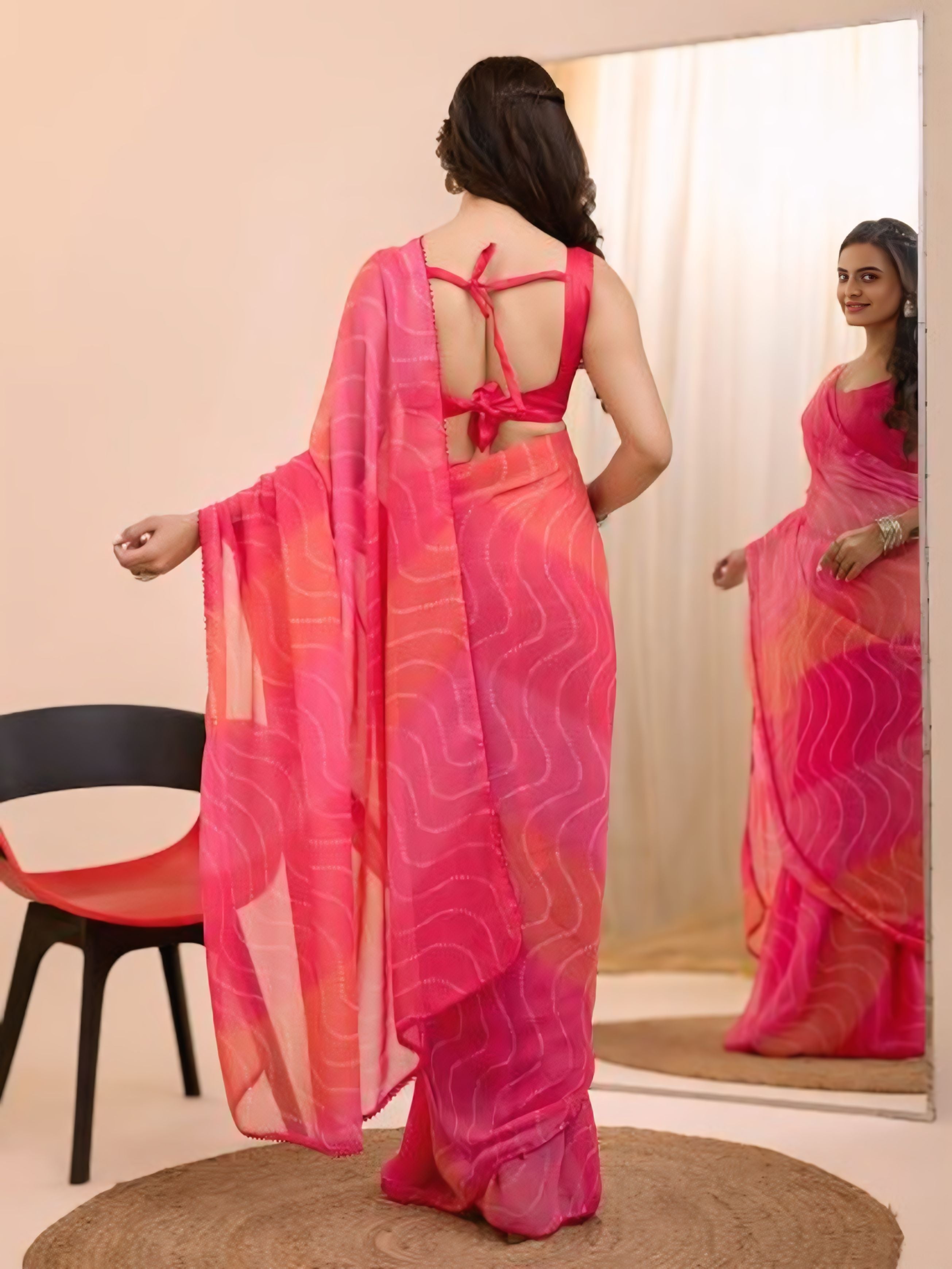 Evocative 1-Minute Ready-To-Wear Pink Georgette Saree | Printed Design with Blouse Piece