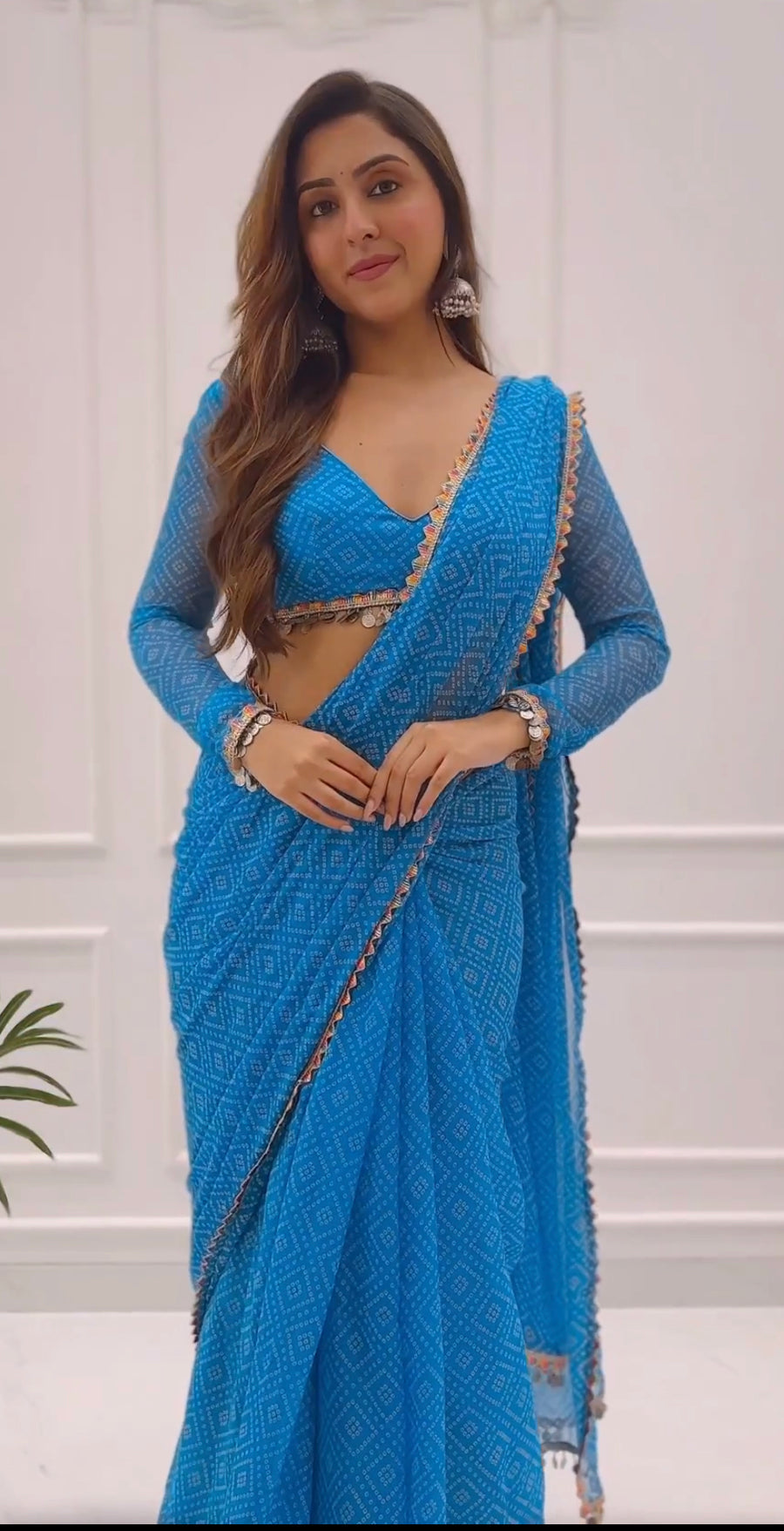 CLOVIRA Winsome 1-Minute Ready-To-Wear Blue Georgette Saree | Printed Design with Lace Border & Blouse Piece