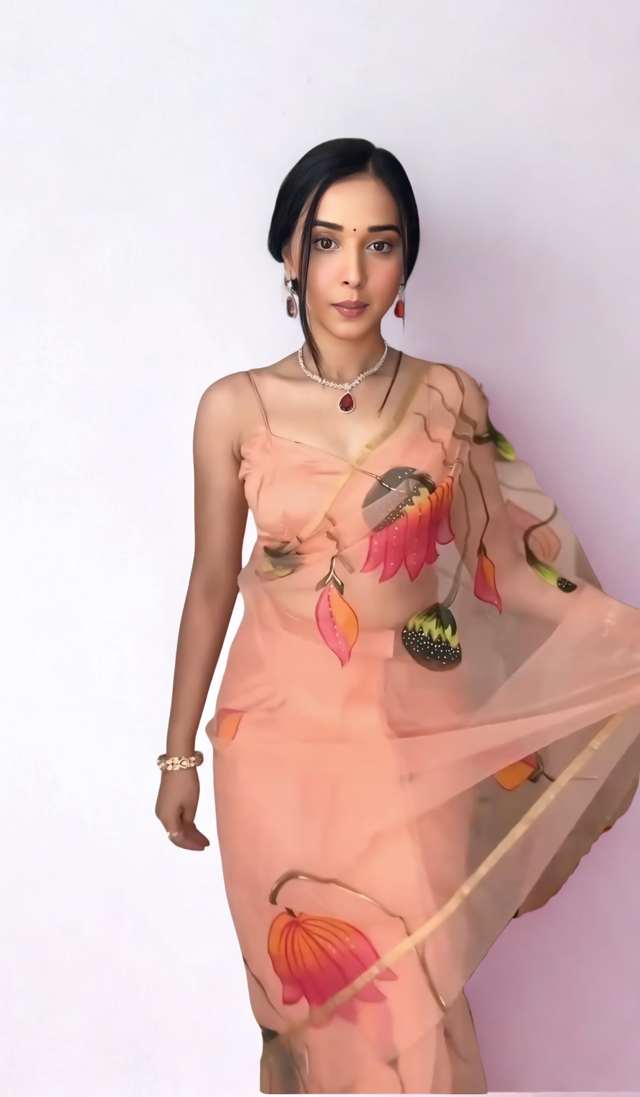 CLOVIRA Peach Pure Organza Ready-to-Wear Saree