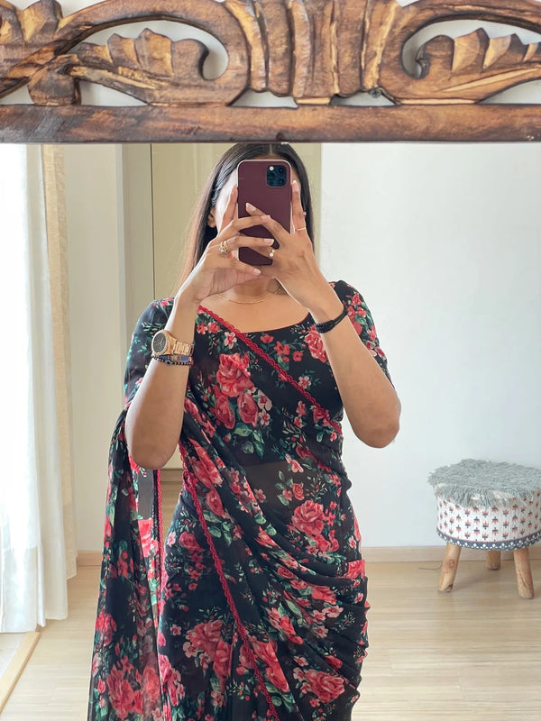 Classic Ready-To-Wear Georgette Saree | Printed Design with Blouse Piece