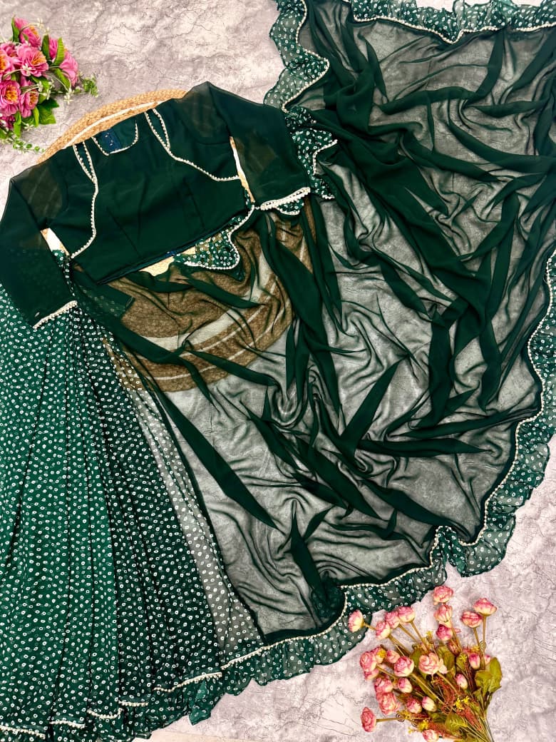 Opal Green Pre-Draped Frilled Saree with Pearl Lace & Digital Print
