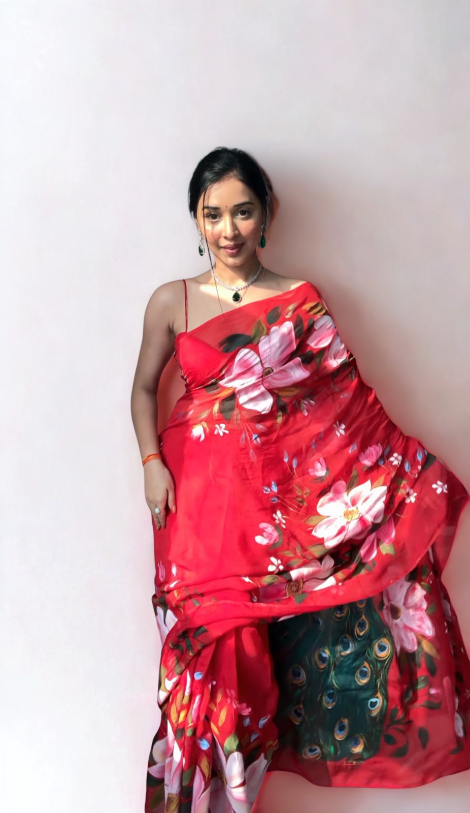 CLOVIRA Red Pure Organza Ready-to-Wear Saree