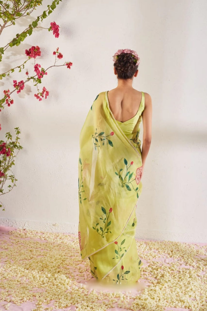 CLOVIRA 1-Minute Ready-to-Wear Organza Silk Saree with Satin Blouse | Printed & Handwork Designer Collection