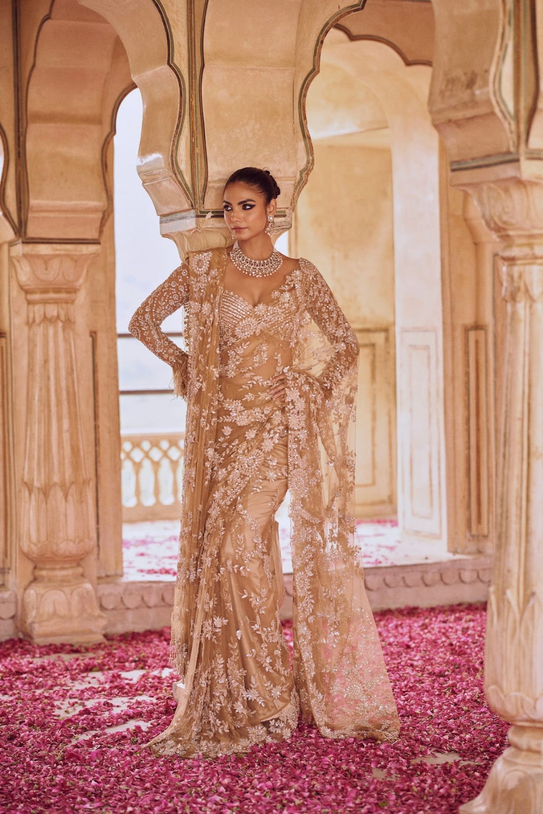 CLOVIRA Heavy Mono Net Saree with 5MM Multy & Sequins Embroidery Work