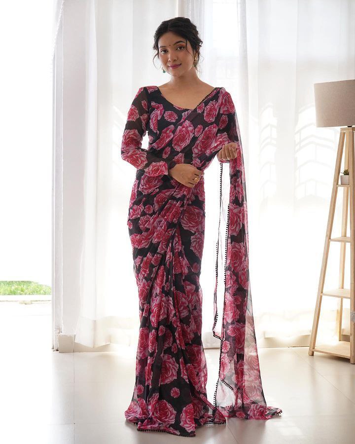 Imperishable Ready-To-Wear Black Georgette Saree | Printed Design with Blouse Piece